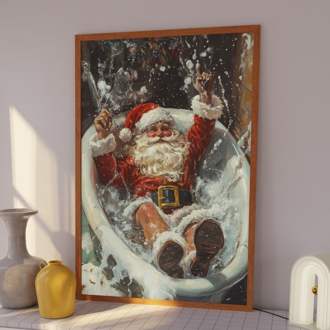 Santa Claus Relaxing In Bathtub Funny Christmas Holiday Art Poster