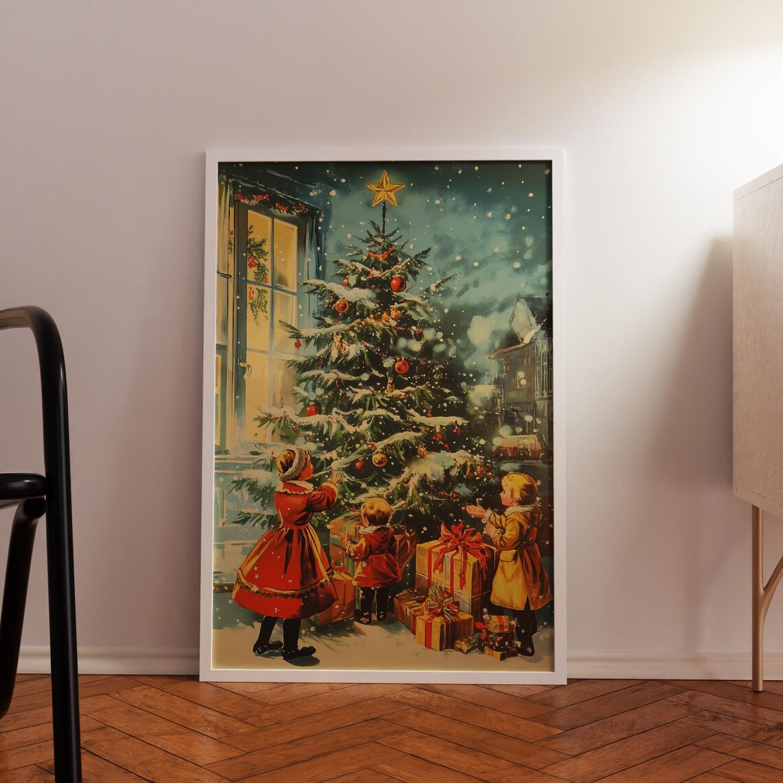 Vintage Christmas Children Around Tree Nostalgic Holiday Art Poster