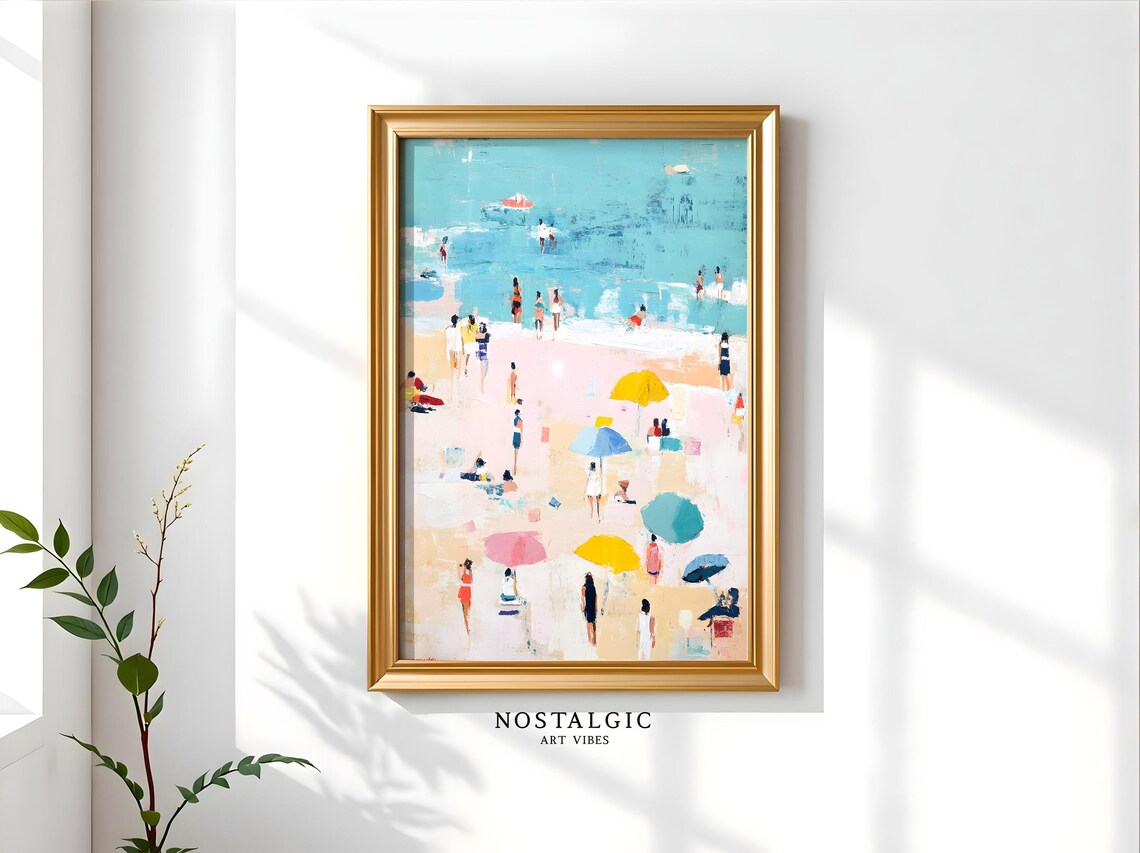 Summer Beach Poster, Pastel Watercolor Vacation Scene