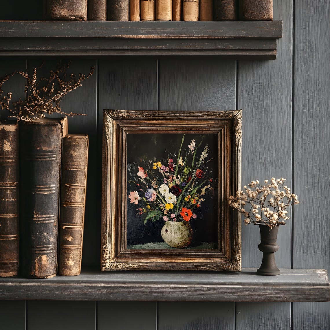 Dark Academia Flower Vase Painting Dark And Moody Wild Flowers Vase Moody Interior Design Painting Wild Flowers Dark Background Painting - Image 3