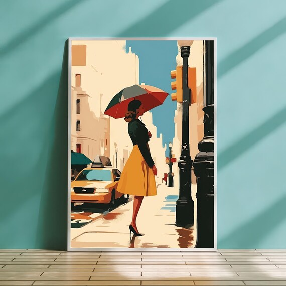 Woman With Umbrella Rainy City Street Yellow Taxi Illustration Poster