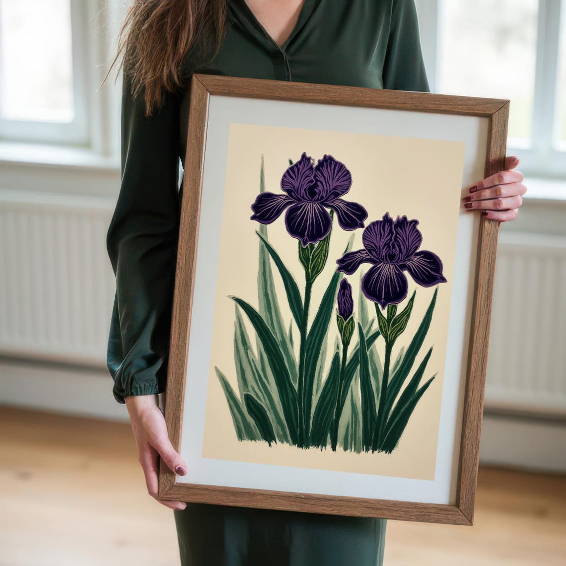 Elegant Deep Purple Iris Blooms Woodcut Style Botanical Poster