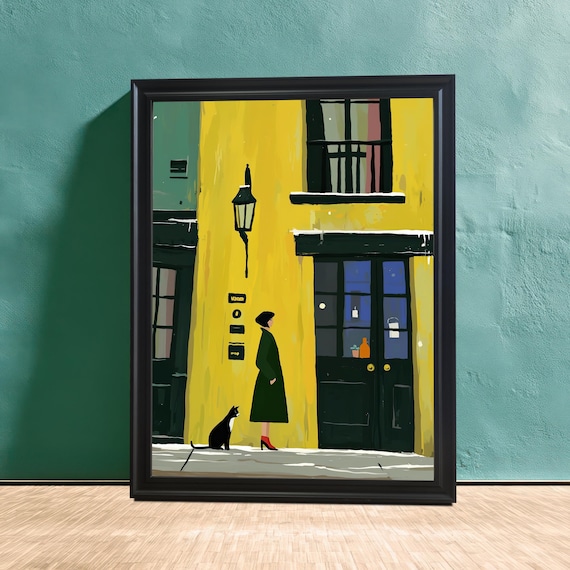 Woman with Black Cat Snowy Street Yellow House Illustration Poster