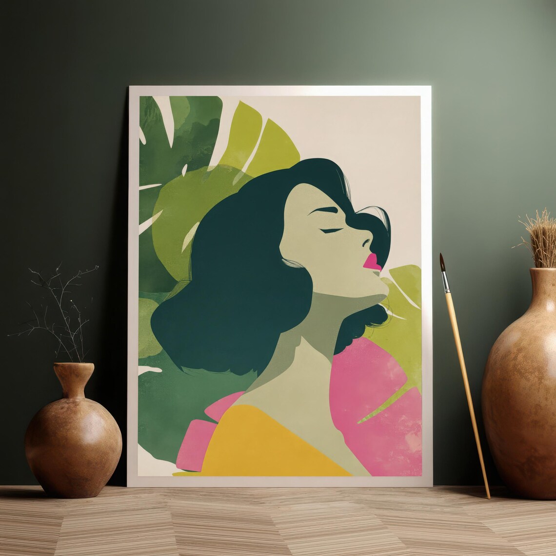 Tropical Woman Abstract Portrait Modern Female Art Botanical Boho Wall Decor Minimalist