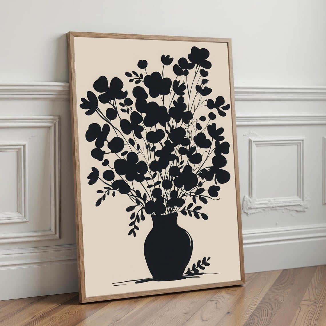 Black Floral Bouquet Silhouette in Vase Minimalist Botanical Poster