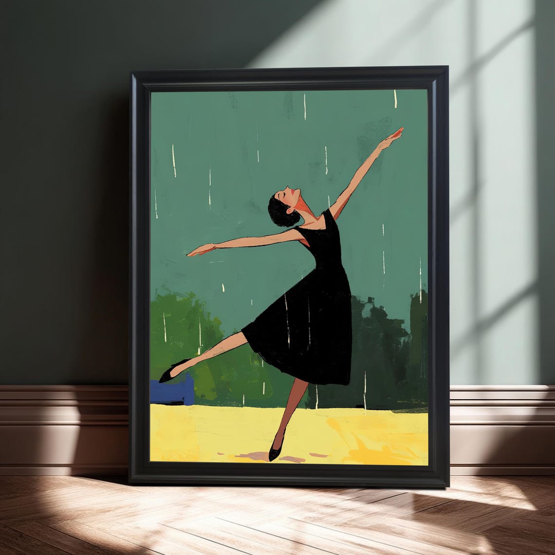 Woman Dancing in Rain Black Dress Retro Illustration Art Poster