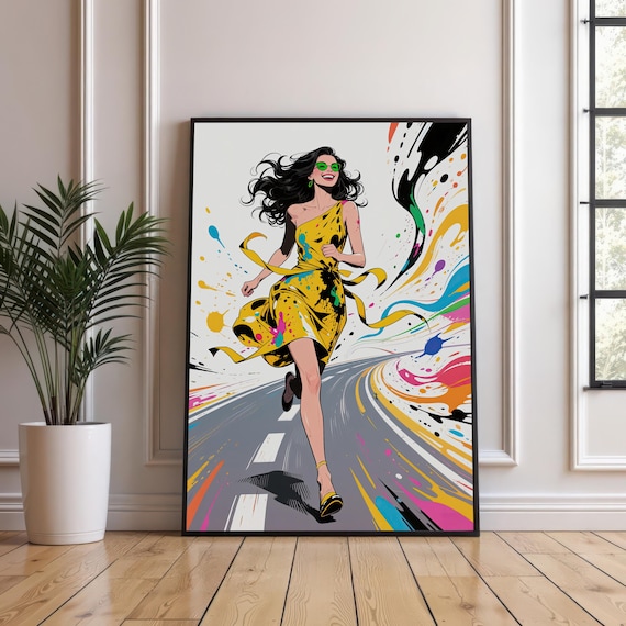 Vibrant Woman in Yellow Polka Dot Dress Running Through Color Poster