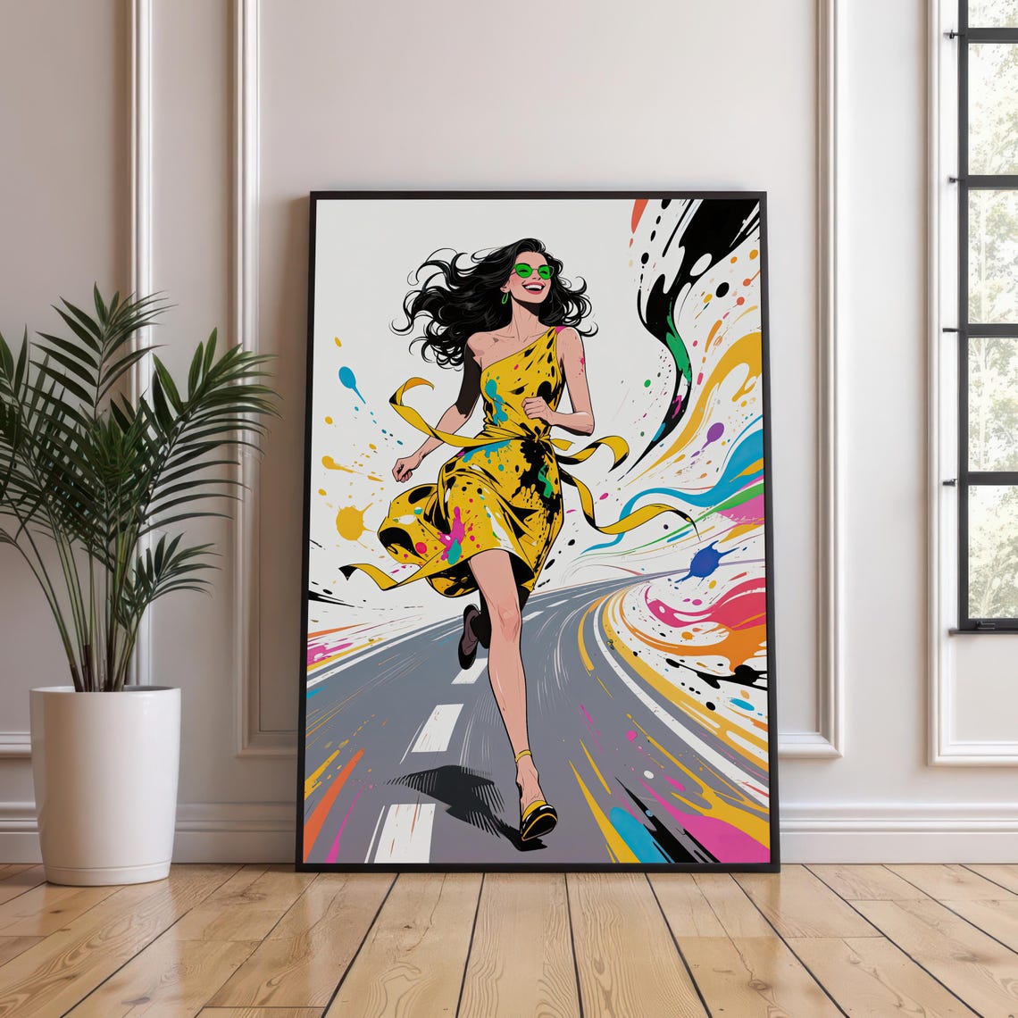 Vibrant Woman in Yellow Polka Dot Dress Running Through Color Poster