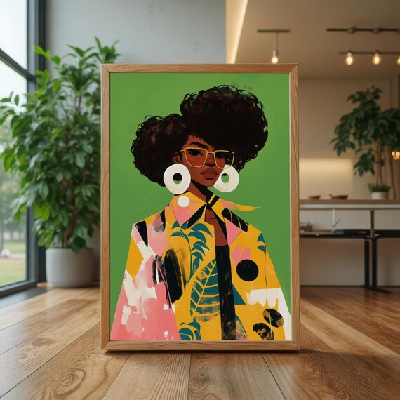 Bold Fashion Afro Woman Illustration Print Vibrant Female Figure Art Contemporary Artistic Portrait