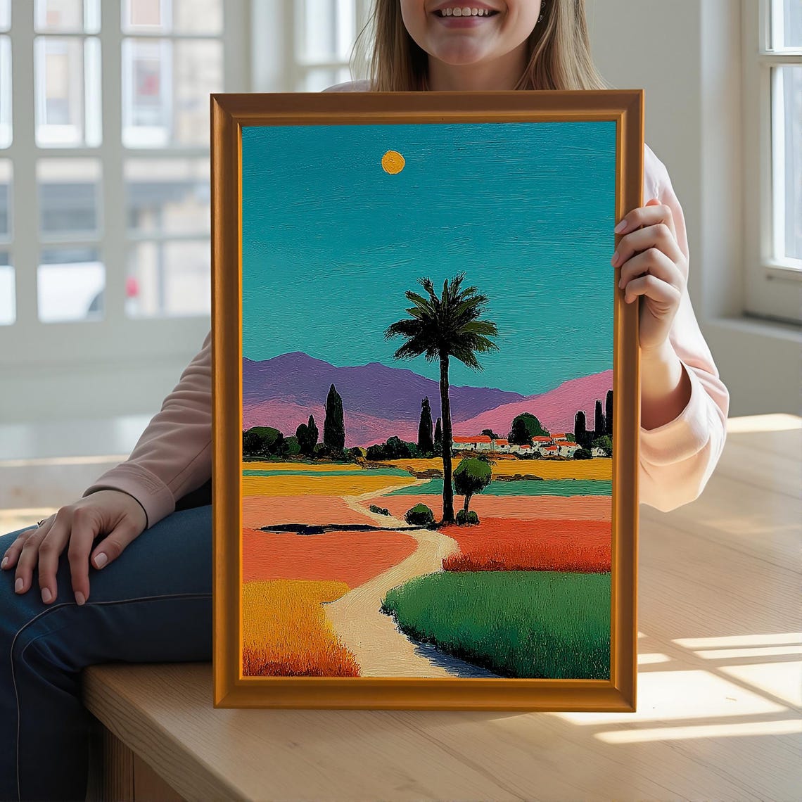 Colorful Palm Tree Landscape With Turquoise Sky and Mountains Poster