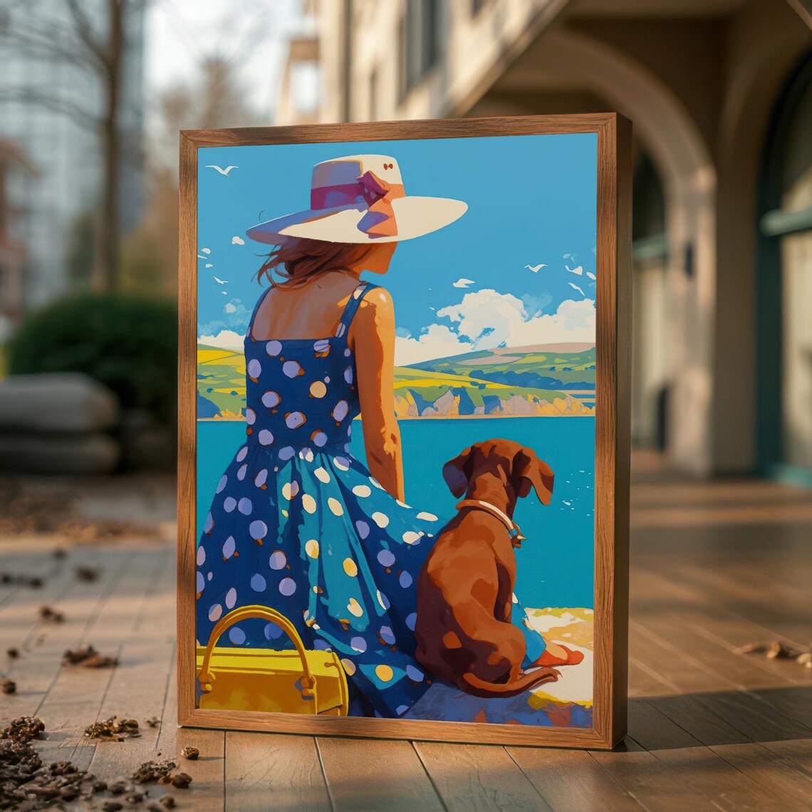 Woman and Dog Watching the Sea Together Colorful Coastal Poster