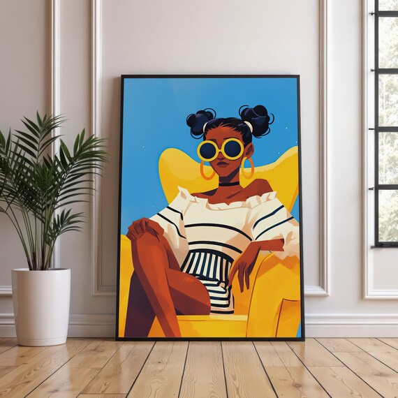 Confident Woman on Yellow Chair Vibrant Afrocentric Portrait Poster