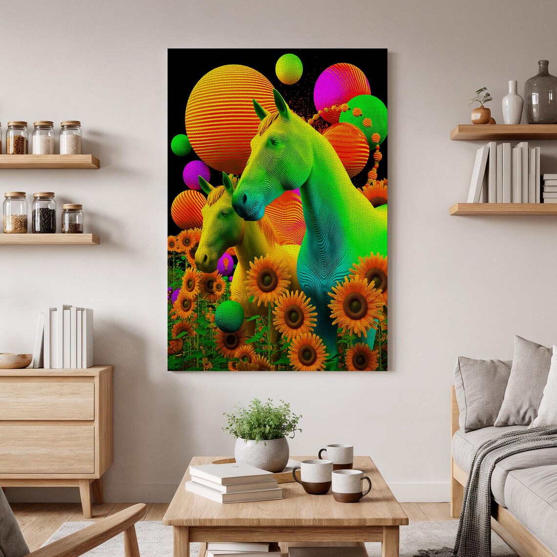 Psychedelic Neon Horses Sunflowers Vibrant Colorful Pop Art Poster