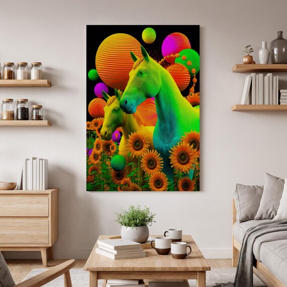 Psychedelic Neon Horses Sunflowers Vibrant Colorful Pop Art Poster