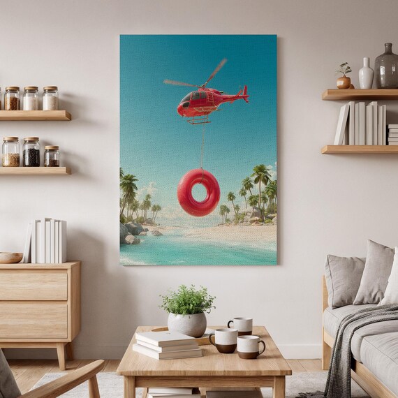 Red Helicopter Giant Inner Tube Tropical Beach Surreal Pop Poster