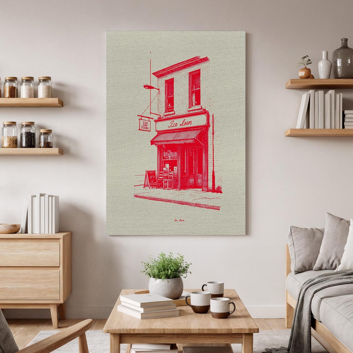 Vintage Corner Cafe Building Red Line Art Illustration Poster