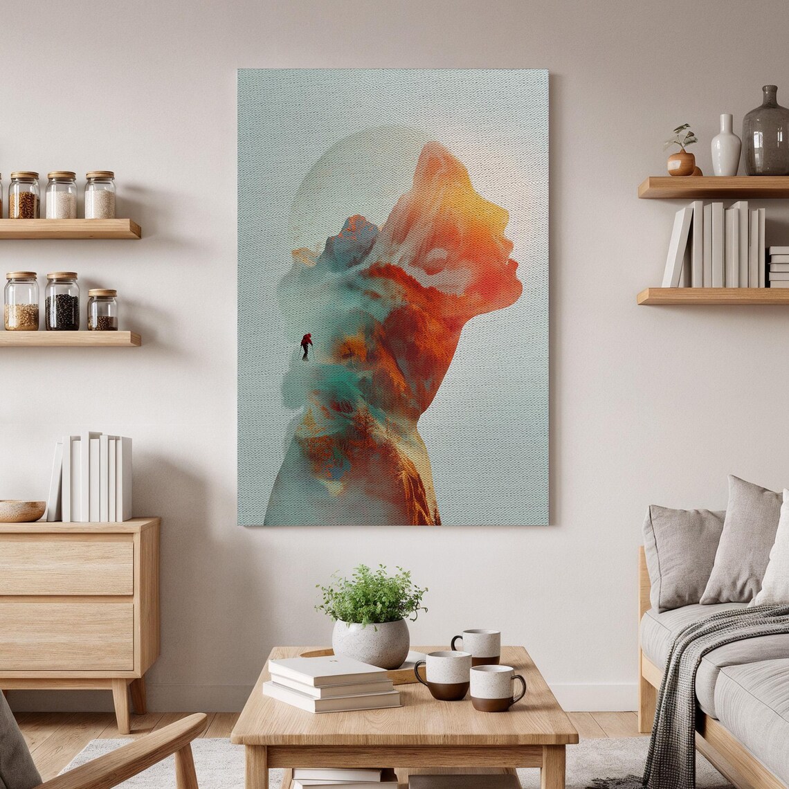Double Exposure Mountain Face Profile Surreal Landscape Adventure Poster