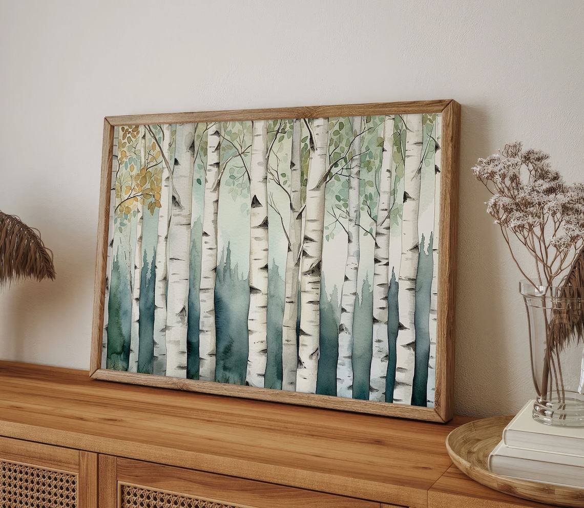Birch Trees Watercolor Forest Art Print, Neutral Fall - Image 2