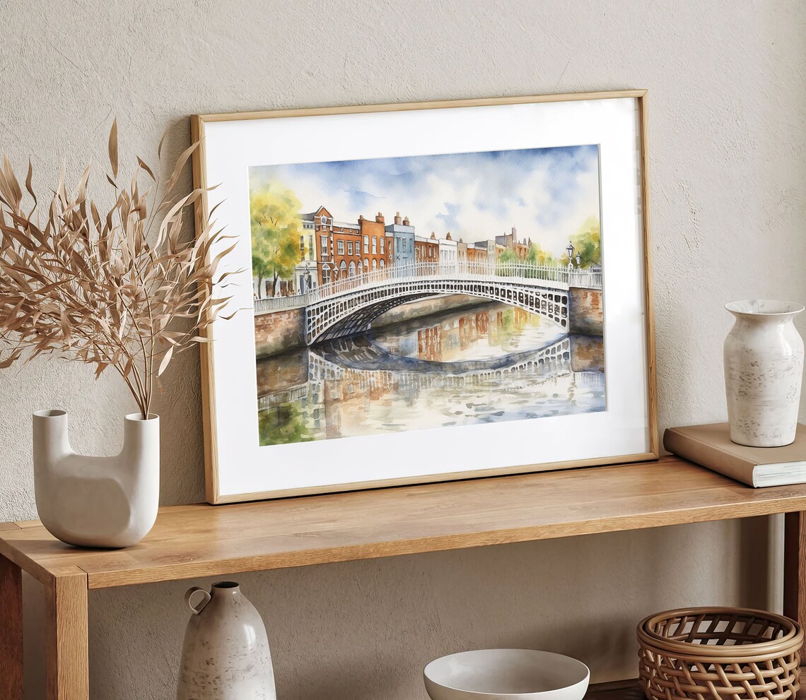 Hapenny Bridge Watercolor Art Print, Dublin Cityscape - Image 3