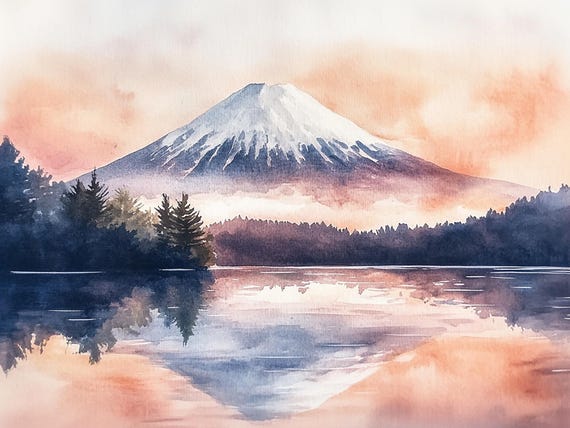 Mount Fuji Watercolor Art Print, Japan Sunrise