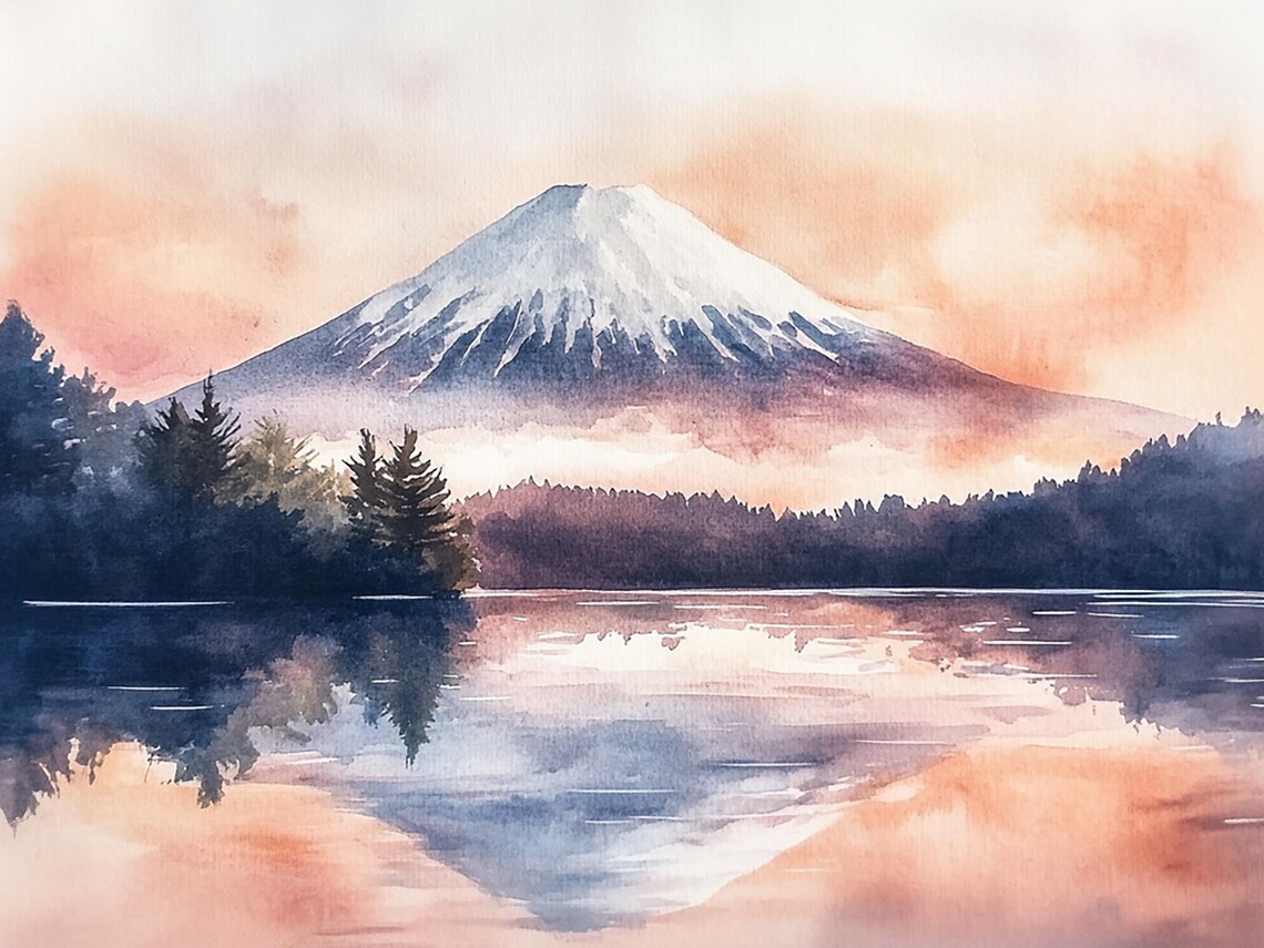Mount Fuji Watercolor Art Print, Japan Sunrise