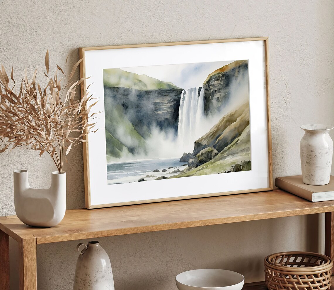 Skogafoss Watercolor Art Print, Iceland Waterfall - Image 3