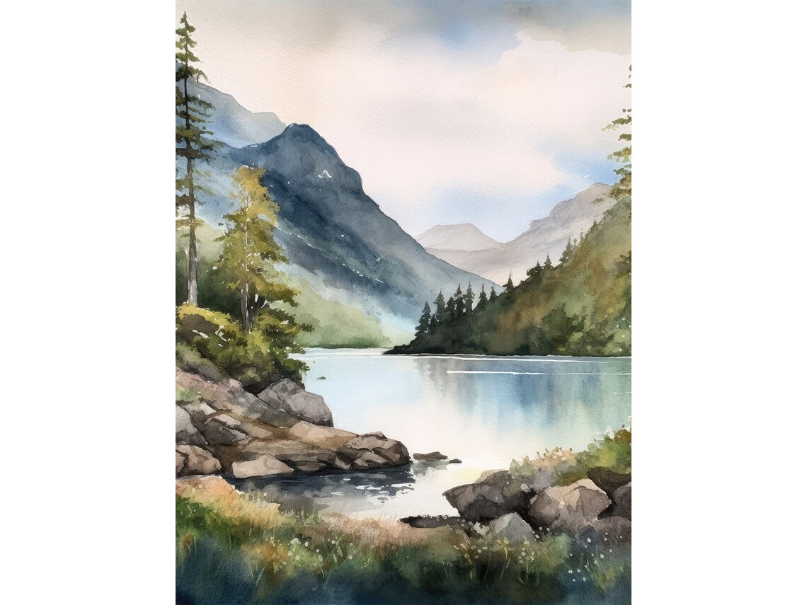 Lake District Watercolor Art Print, Mountain Lake
