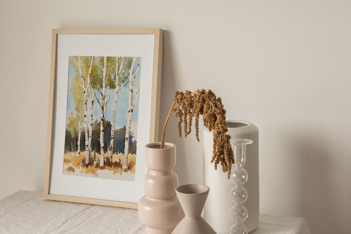 White Birch Trees Standing in a Golden Autumn Meadow Watercolor Poster - Image 3