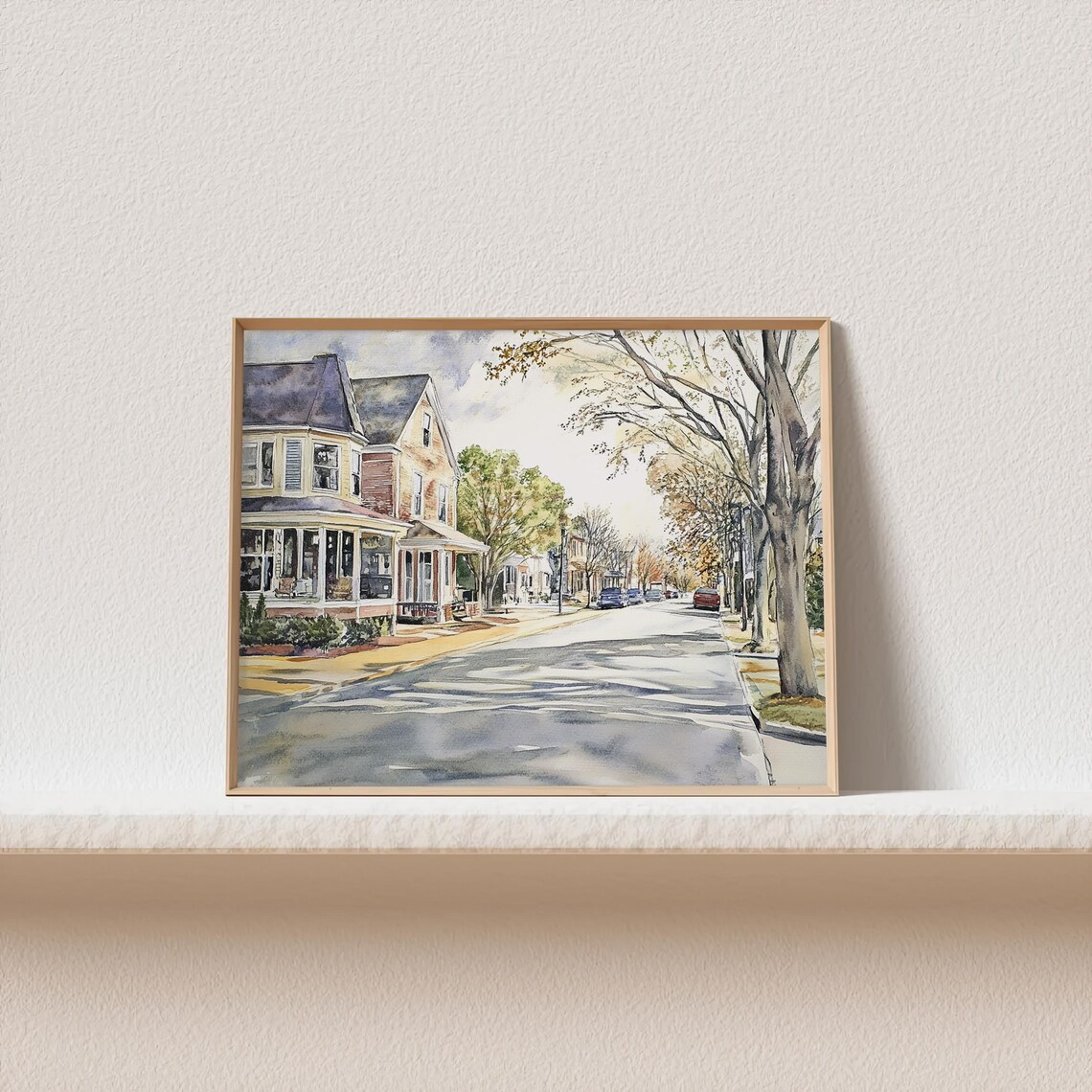 Quiet Victorian Street Lined with Autumn Trees Watercolor Poster - Image 2
