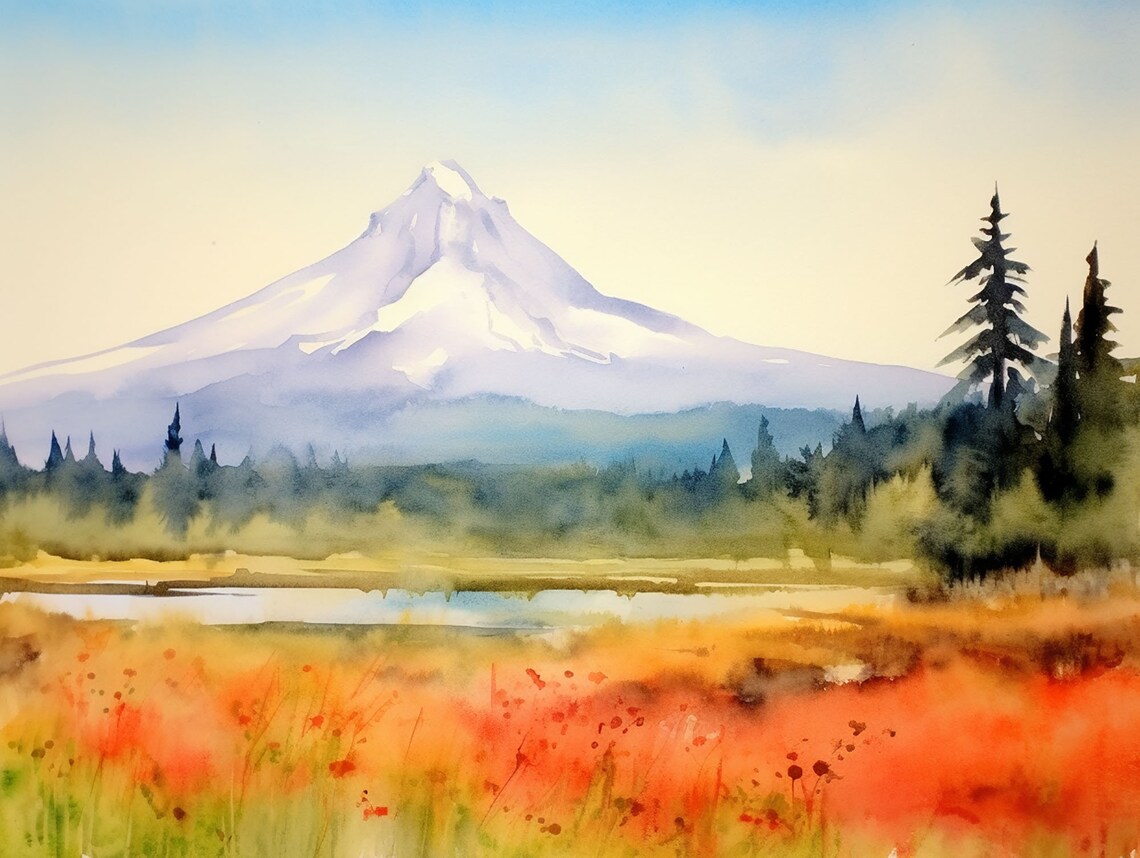 Mt Hood Watercolor Landscape Art Print, Oregon
