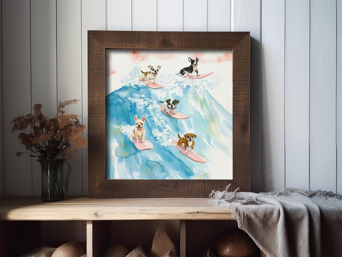 Five Happy Dogs Surfing Pink Boards on Big Ocean Waves Poster - Image 2