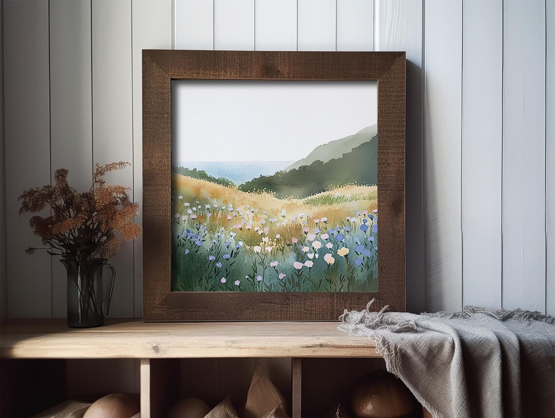 Wildflower Meadow by the Lake with Green Hills Watercolor Poster - Image 2