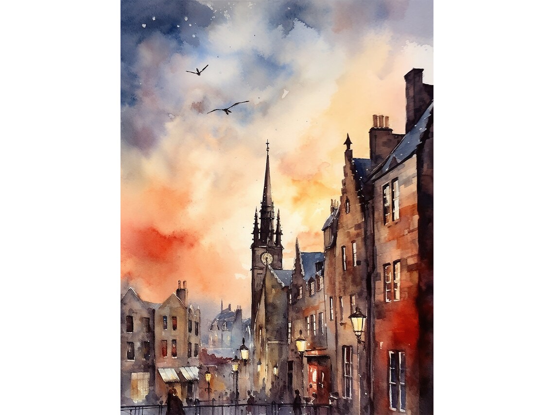 Edinburgh Watercolor Art Print, Scottish Cityscape