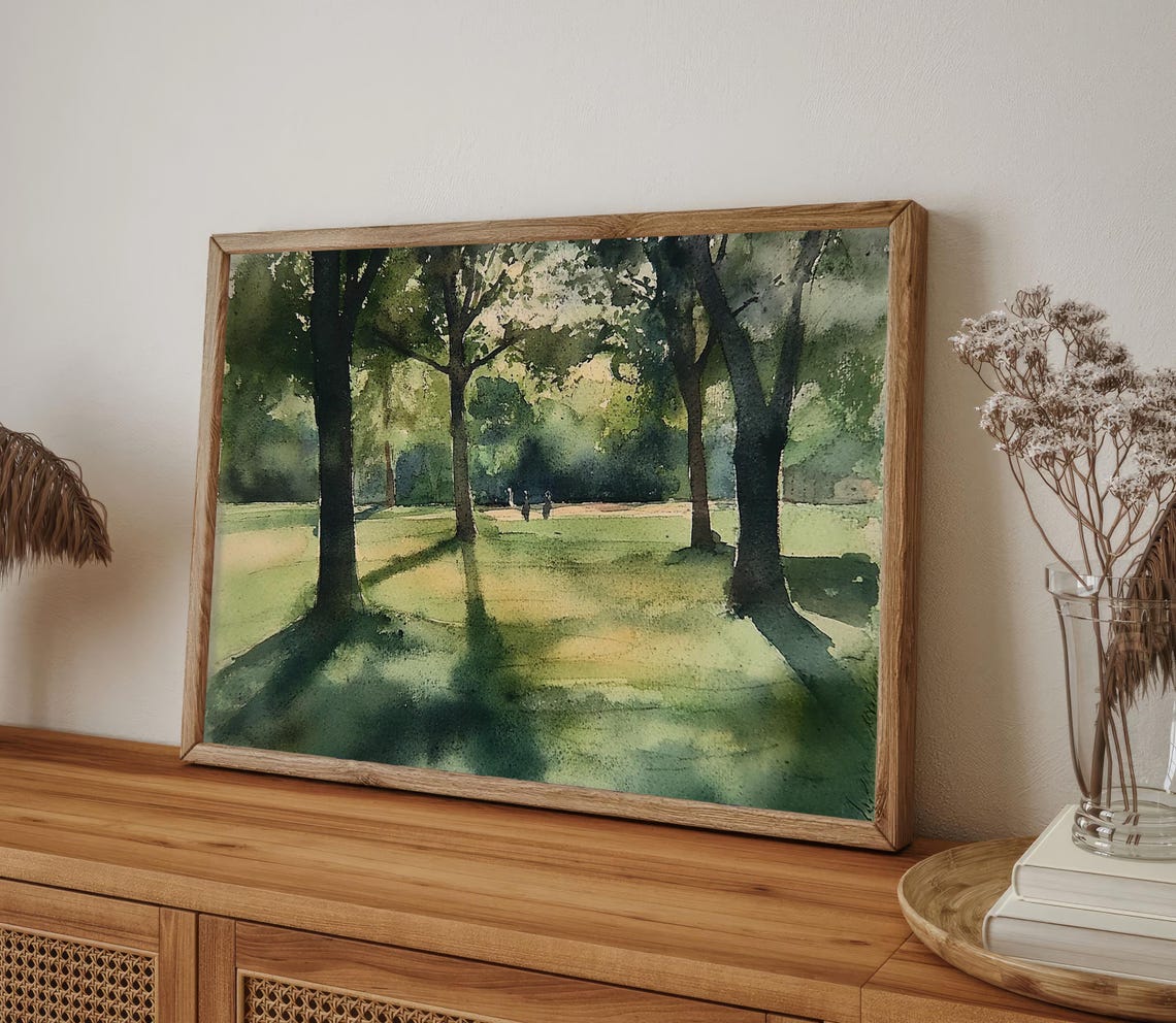 Sunlit Park Trees Dappled Light Green Forest Watercolor Poster - Image 4