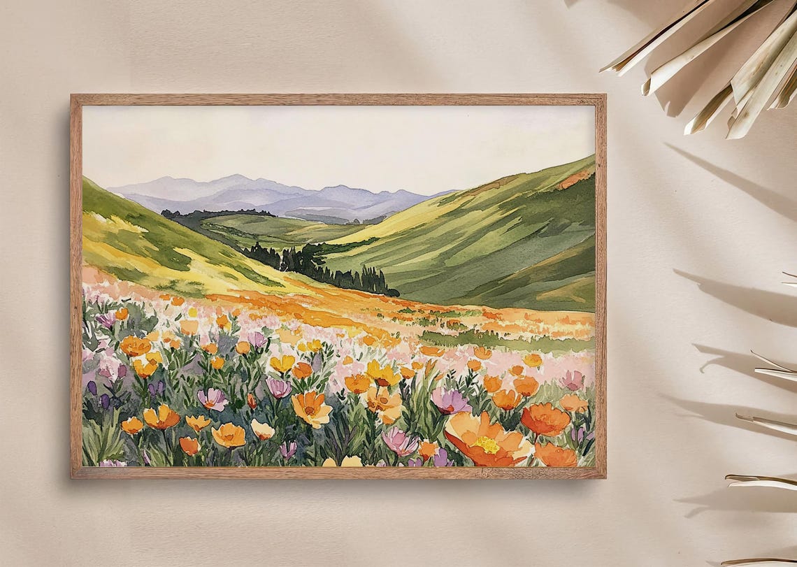 California Blooming Painting California Landscape Watercolor Art Print Field Of Flowers Wall Art Wildflowers Poster Green Hills Wall Art - Image 3