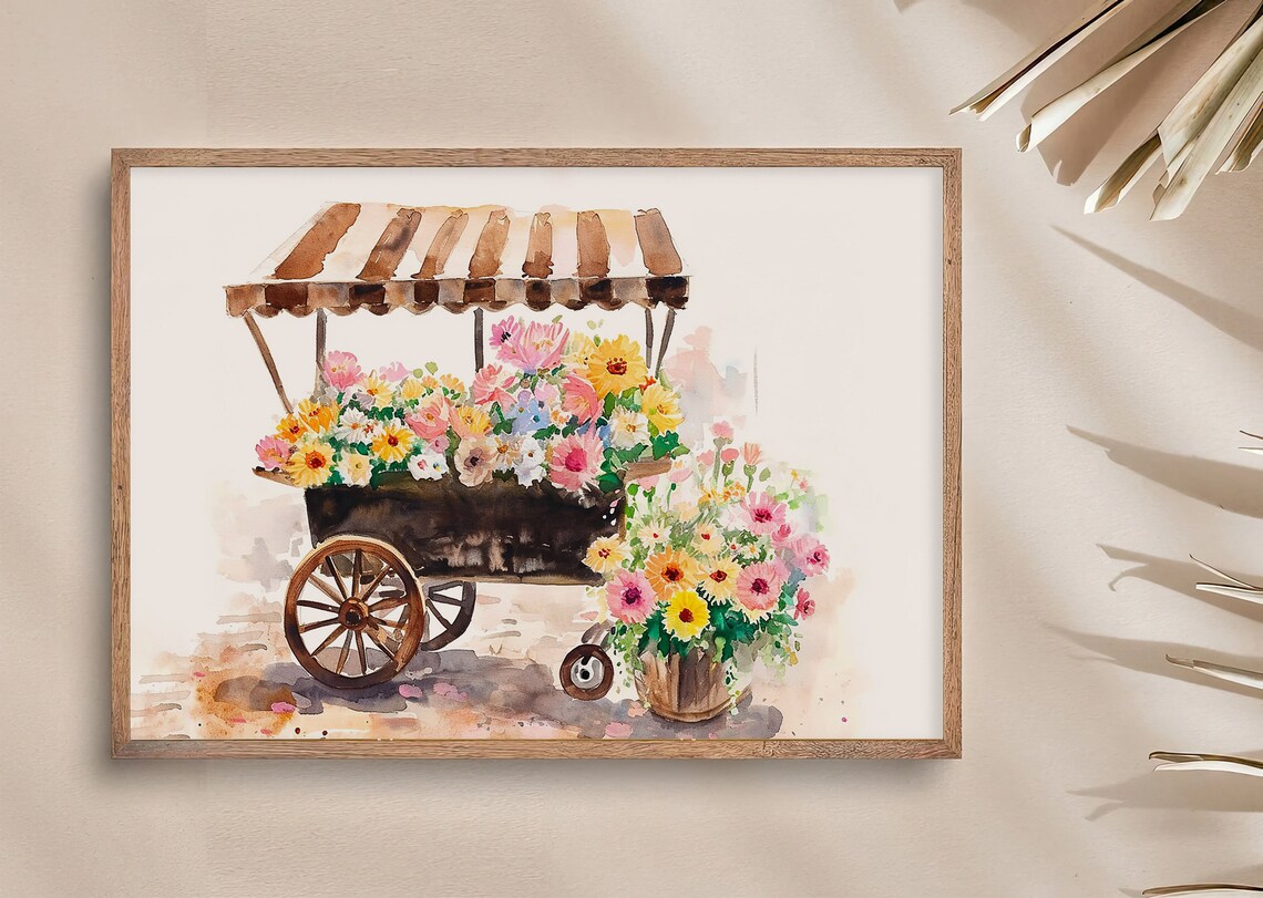 Flower Cart Market Stall Striped Awning Watercolor Floral Poster - Image 4