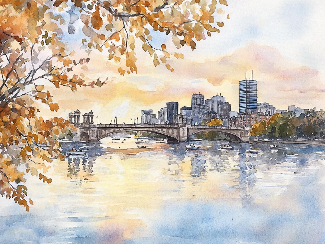 Charles River Boston Cityscape Watercolor Art Print