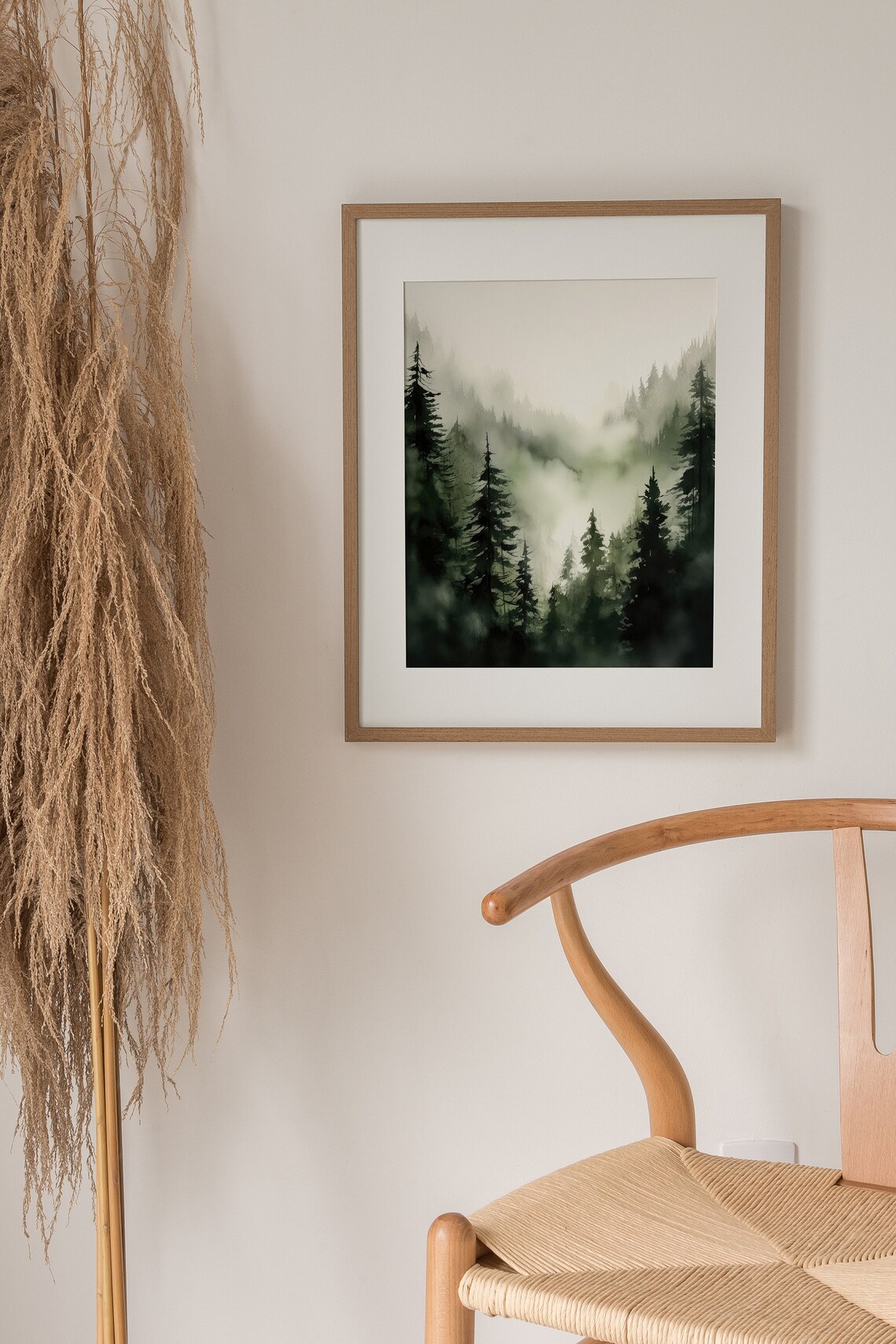 Serene Misty Pine Forest in Fog Moody Green Watercolor Art Poster - Image 5