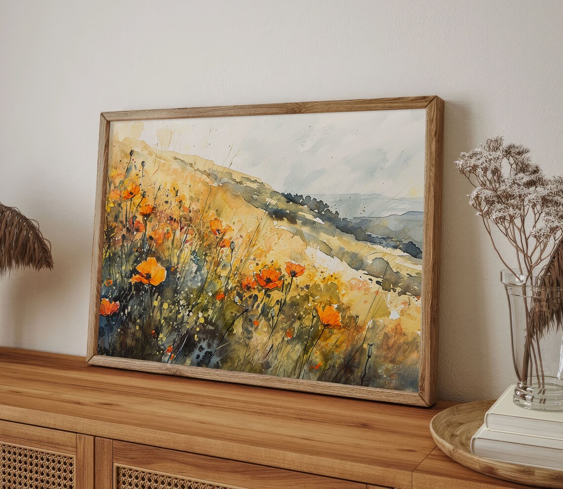 California Poppy Watercolor Art Print, Wildflower Field - Image 3