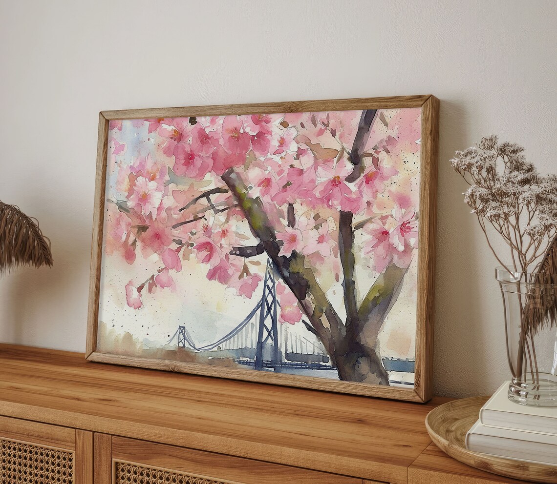 Portland Cherry Blossom Bridge Watercolor Spring Floral Poster - Image 2