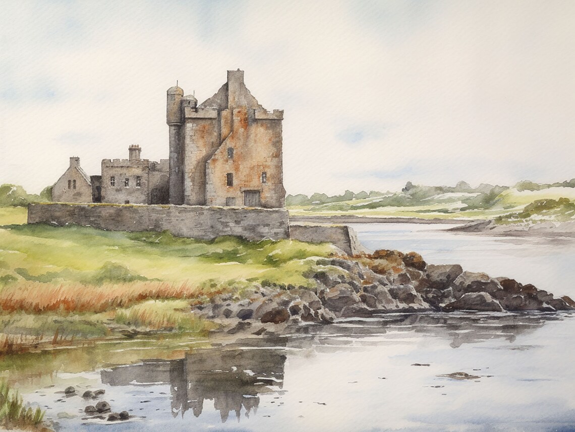Dungaire Castle Watercolor Art Print, Galway Bay