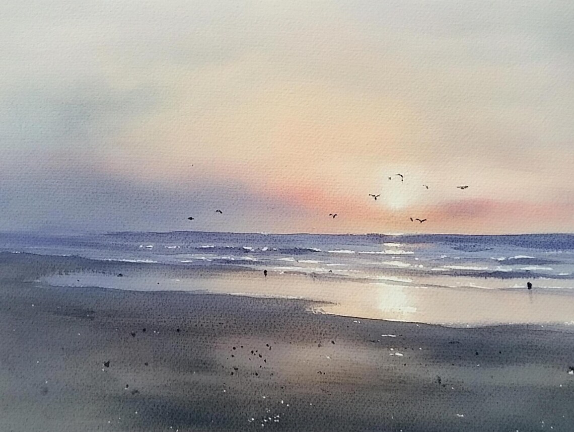 Sunrise On Beach Watercolor Art Print, Seagull