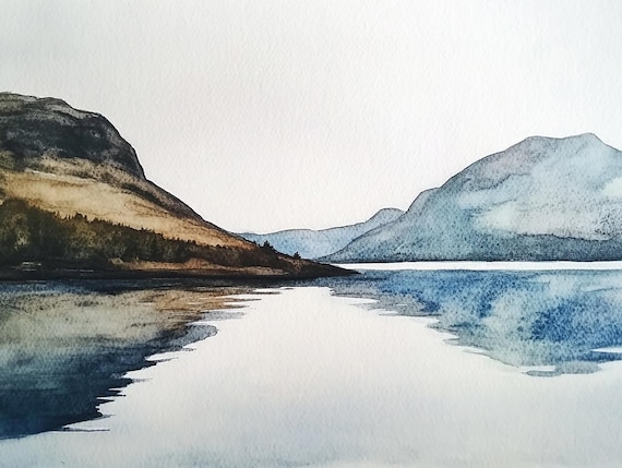 Norway Painting Fjords Watercolor Art Print Scandinavian Mountains Landscape Wall Art Travel Wall Art