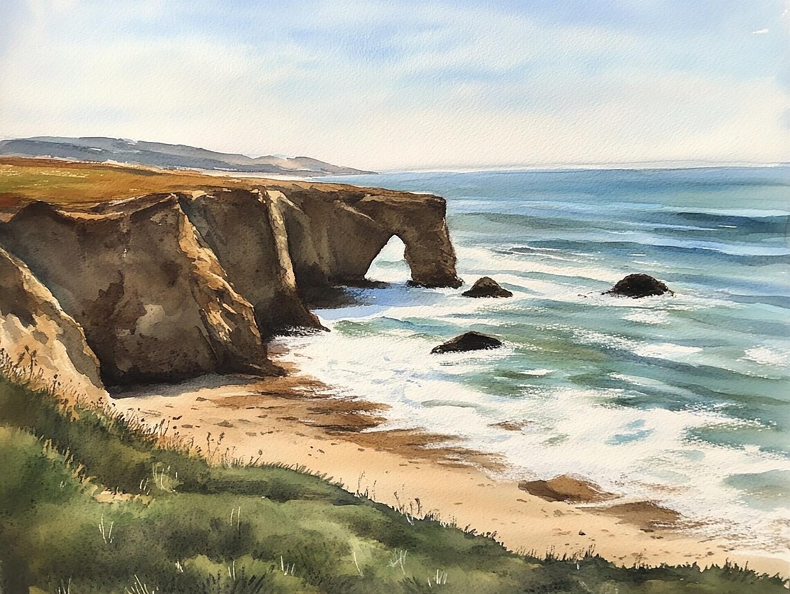 Point Buchon Watercolor Art Print, California Coastline