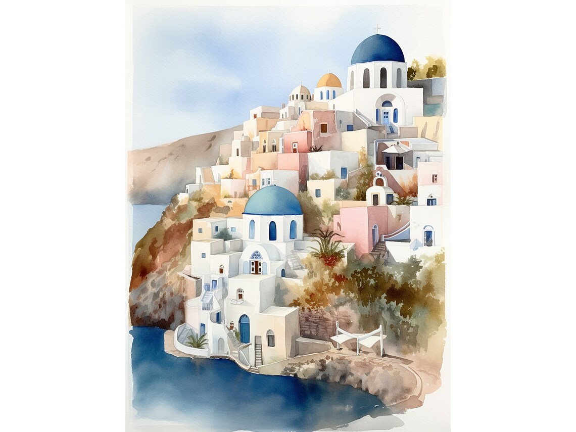 Santorini Watercolor Art Print, Greece Coastal Landscape