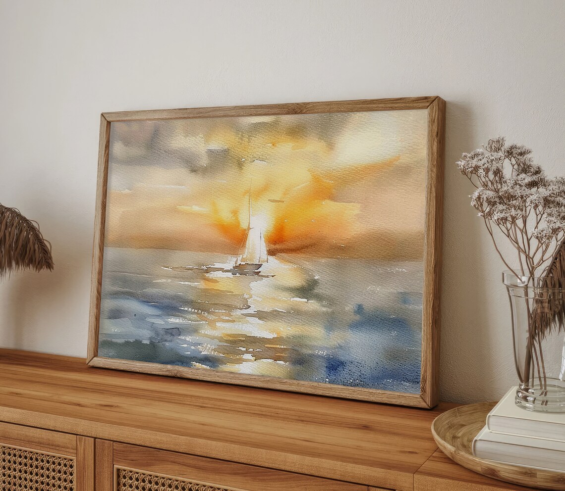 Lone Sailboat Sailing into a Golden Ocean Sunset Watercolor Poster - Image 5