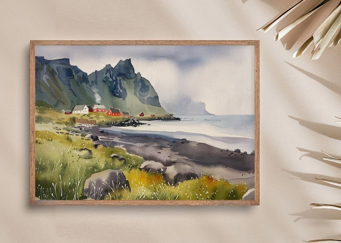 Town of Vik Watercolor Art Print, Iceland Travel Poster - Image 2