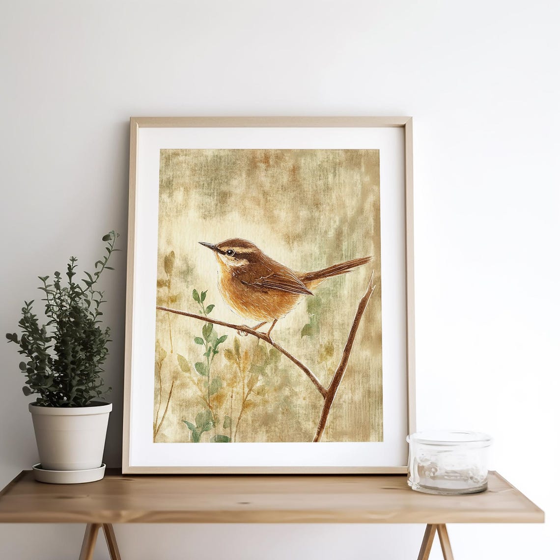 Tiny Brown Wren Perched on a Bare Branch Watercolor Bird Poster - Image 4