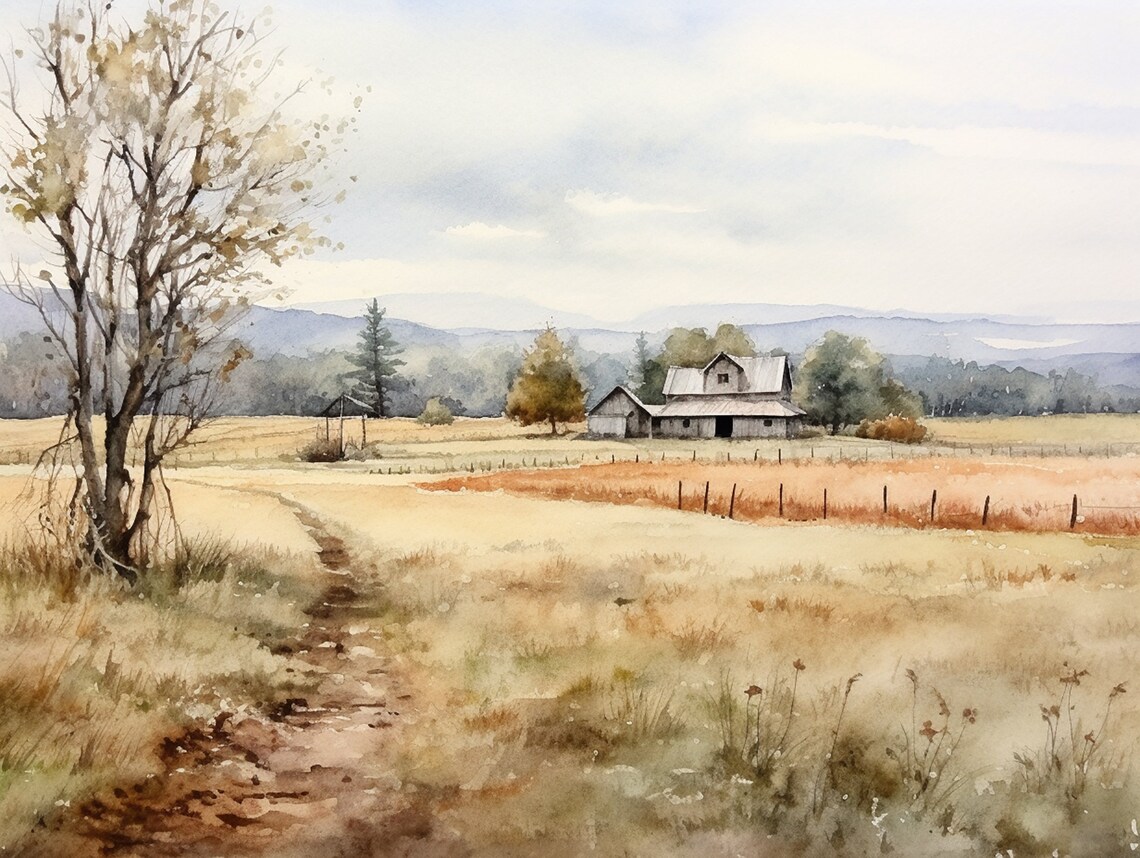 Countryside Painting Farmhouse Watercolor Art Print