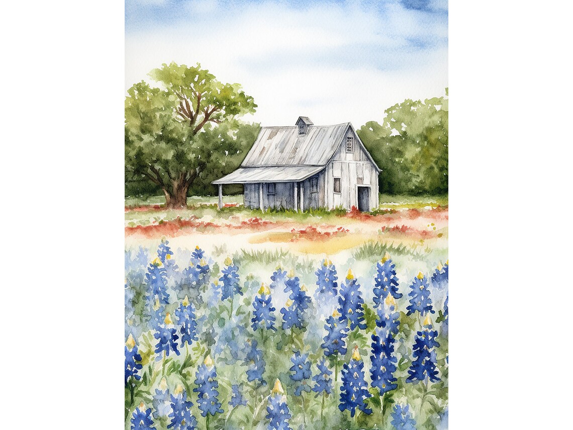 Bluebonnets Painting Rustic Farm Landscape Art Print